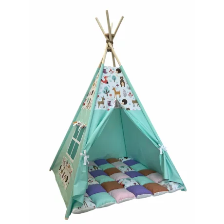 Cort de joaca teepee + saltea green animals