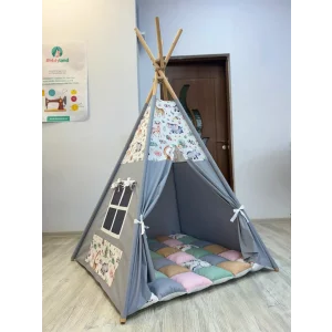 Cort de joaca teepee + saltea grey animals