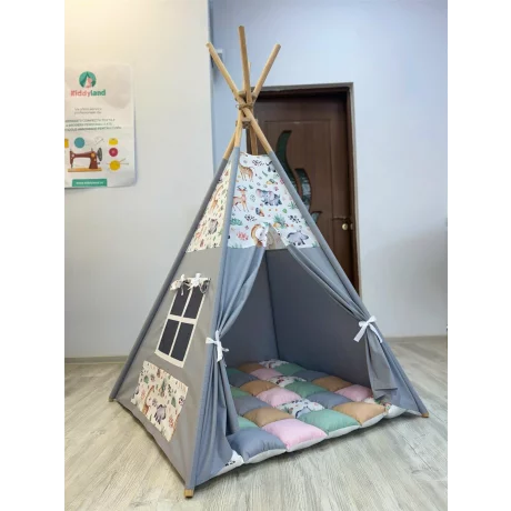 Cort de joaca teepee + saltea grey animals