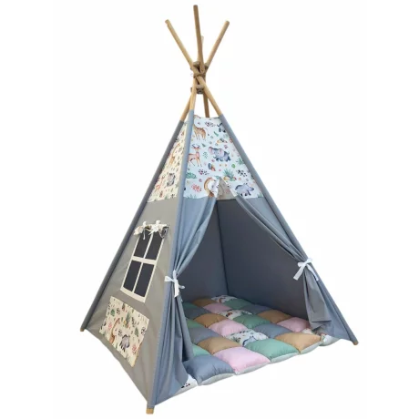 Cort de joaca teepee + saltea grey animals