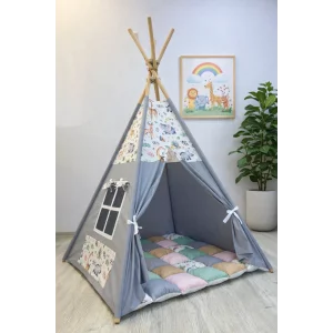 Cort de joaca teepee + saltea gray animals